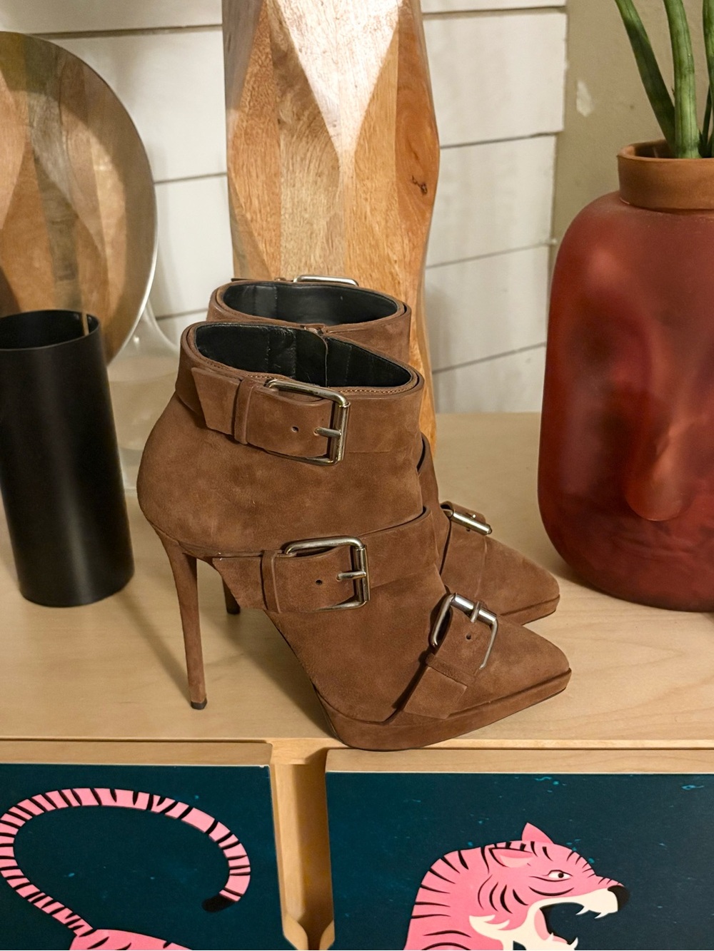 Guiseppe Zanotti Brown Suede Buckle Stiletto Ankle Boots No Box
